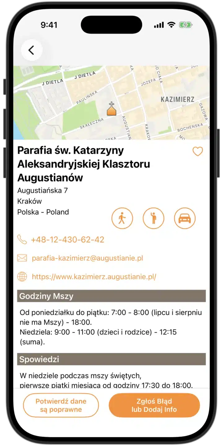 Godziny Mszy app - Dane kontaktowe i godziny mszy kościołów