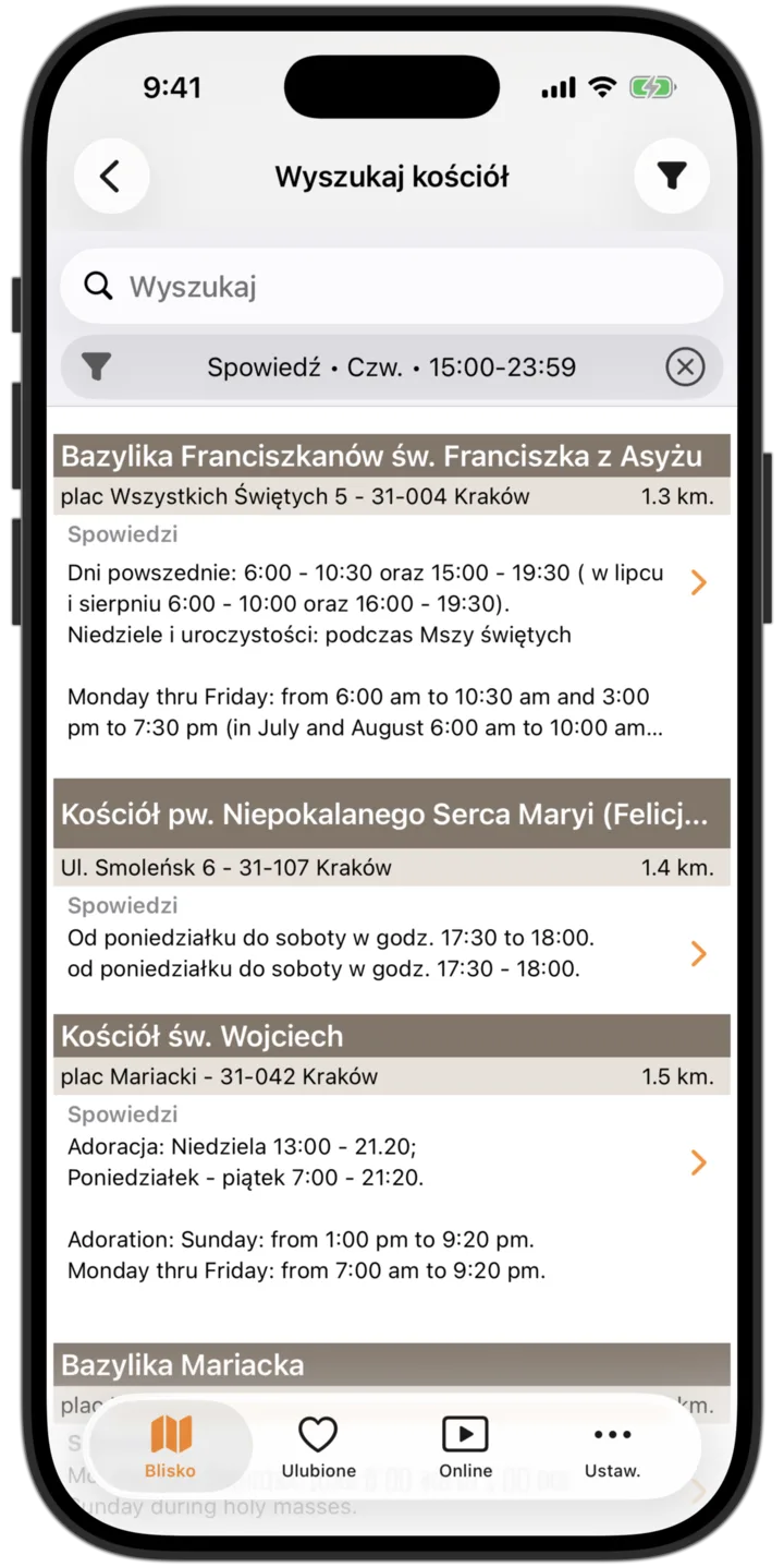 Godziny Mszy app - Lista najbliższych kościołów katolickich