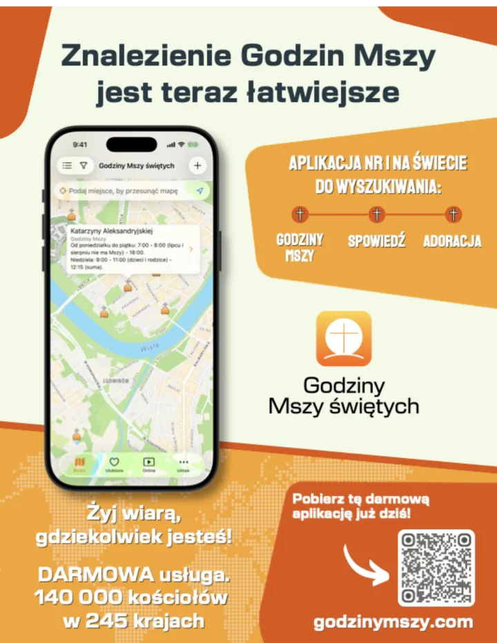 Godziny mszy świętych – udostępnij tę aplikację, umieszczając ten plakat na tablicy ogłoszeń w swojej parafii.